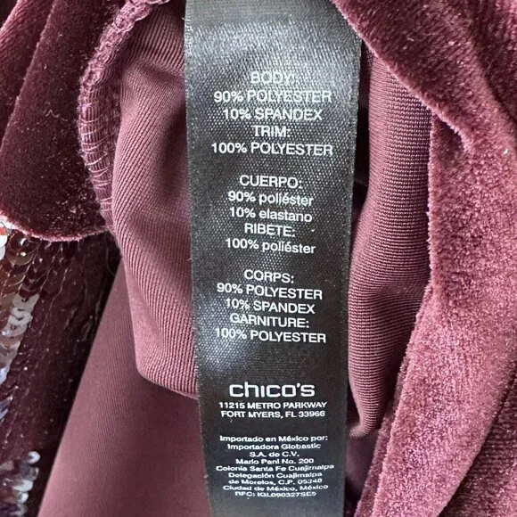 Chico's Travelers Collection Burgundy Velour Velvet Sequin Trim Tunic Top - Picture 11 of 13